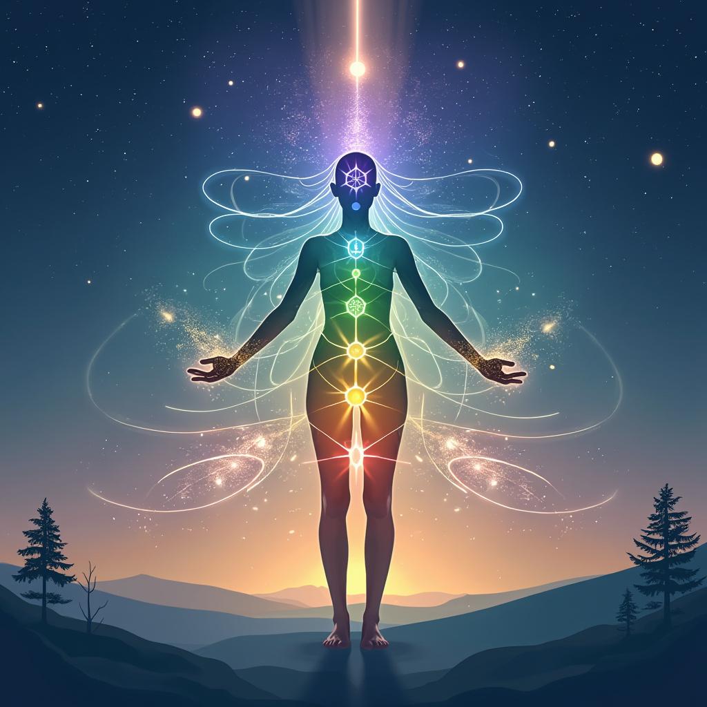 Chakras et méditation: silhouette illuminée de chakras colorés. Équilibre énergétique, harmonie corps-esprit. Pratique spirituelle, alignement des centres d'énergie. Connexion cosmique, développement personnel