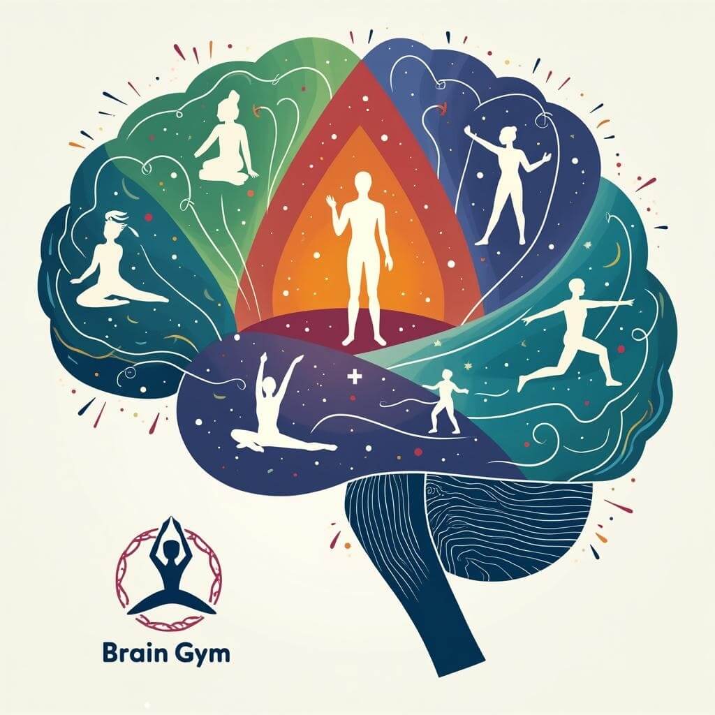 Brain Gym: cerveau coloré rempli de silhouettes en exercice. Entraînement mental et physique pour bien-être cérébral. Yoga, méditation, fitness cognitif. Stimulation neuronale par l'activité.
